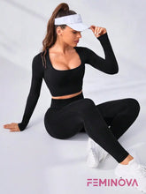 Conjunto Fitness com Blusa Manga Longa e Cós Alto Ajustado Preto / P