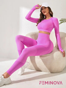 Conjunto Fitness com Blusa Manga Longa e Cós Alto Modelador Rosa Chiclete / P