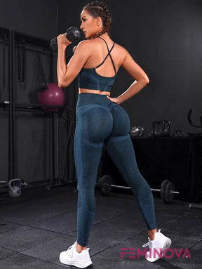 Conjunto Fitness Seamless com Top de Alças Finas Azul Petróleo / P