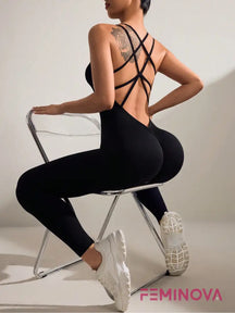 Macacão Fitness Alças Cruzadas com Compressão e Modelagem Preto / P
