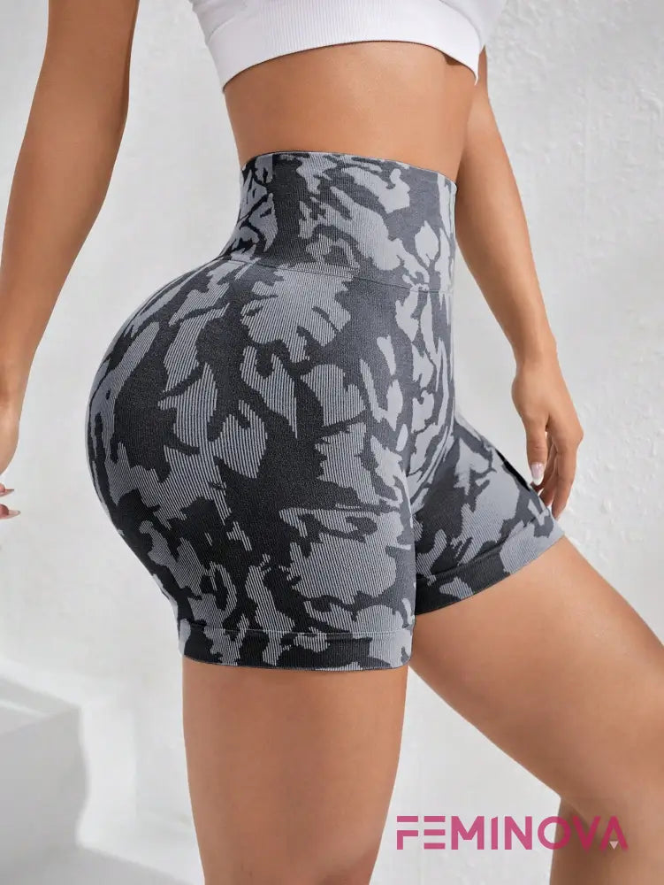 Shorts Fitness Estampado de Cintura Alta e Compressão