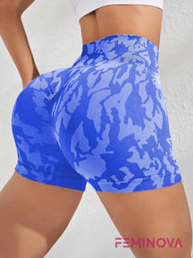 Shorts Fitness Estampado de Cintura Alta e Compressão Azul / PP