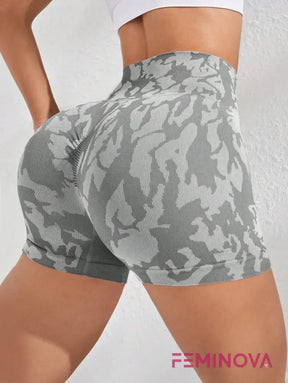 Shorts Fitness Estampado de Cintura Alta e Compressão Cinza Claro / PP