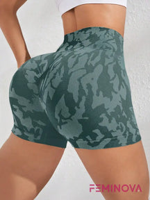 Shorts Fitness Estampado de Cintura Alta e Compressão Verde Militar / PP