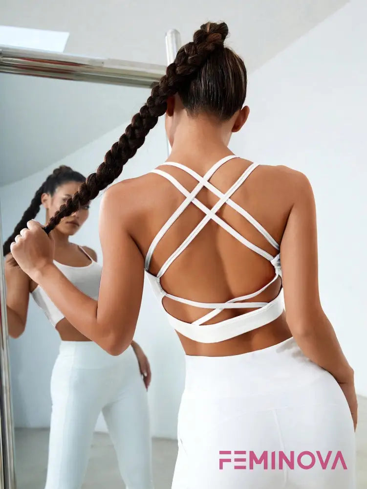 Top Fitness com Alças Cruzadas e Elasticidade 4 Vias Branco / P